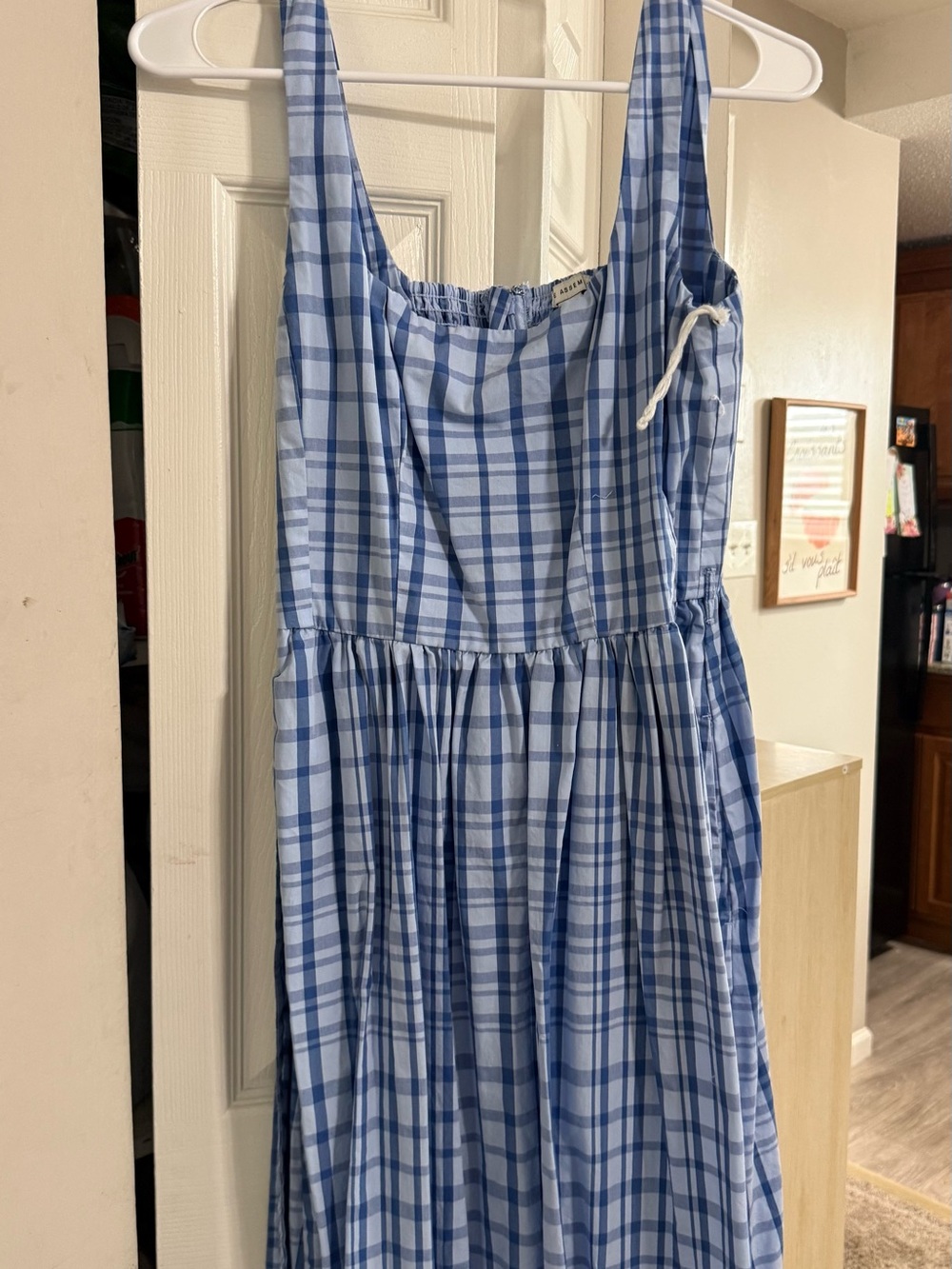Blue Plaid Midi Sundress with Gathered Skirt